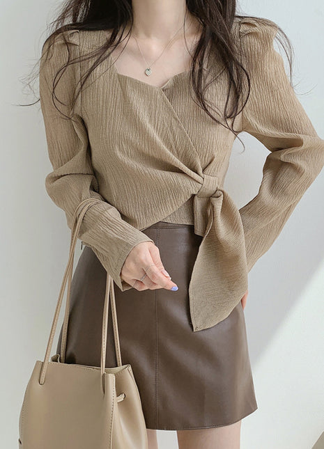 Elegant Square Neck Long Sleeve Blouse with Belt – Chic Autumn Top