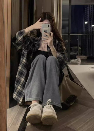 Chic Retro Plaid Long-Sleeve Button-Up Casual Shirt Jacket for Women