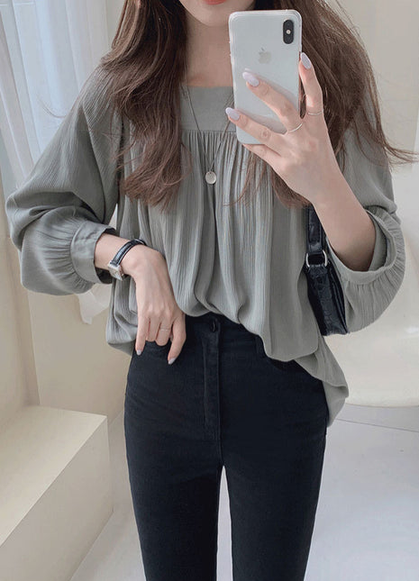 Chic Oversized Chiffon Blouse, Women's Square Neck Long Puff Sleeve Top