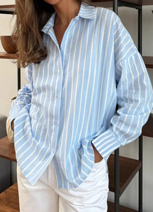 Women's European Style Striped Long Sleeve Cardigan Shirt Jacket