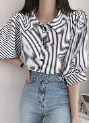 Women's Retro Striped Five-Point Sleeve Summer Shirt Loose Casual Polo Collar Blouse