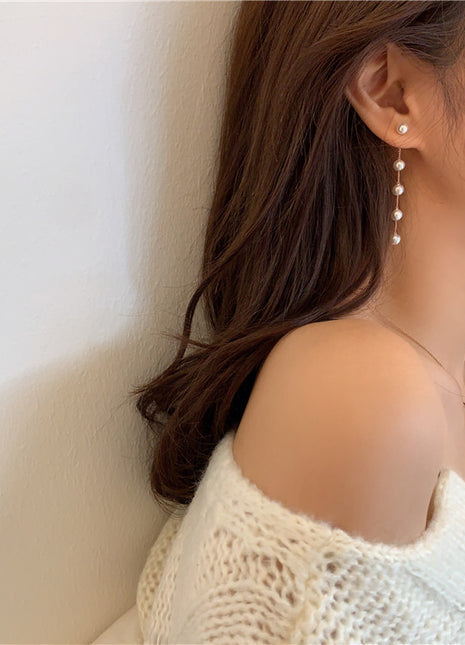Elegant Korean Fashion Pearl Chain Tassel Dangle Earrings for Women