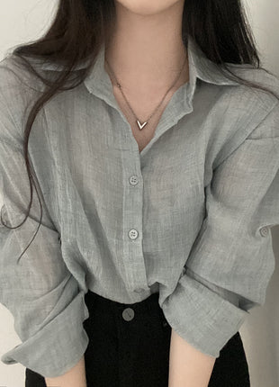 Stylish Solid Color Loose Fit Pleated Long Sleeve Sun Protection Shirt