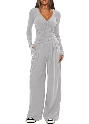 Women's Cozy Wide-Leg Pants & Long/Short Sleeve Top Lounge Set