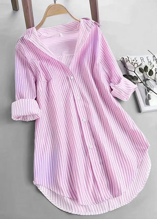 Women's Oversized European City Style Striped Long Sleeve Button-Up Shirt