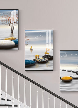 Modern minimalist living room decorative painting , canvas painting with border  With Frame SET OF 3 GOOD FORTUNE COMES FROM STONES