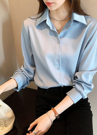 Chic Chiffon Oversize Polo Blouse Long Sleeve Button-Down Shirt for Women