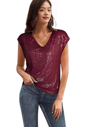 Women's Glamorous V-Neck Sequin Short Sleeve Top - Shiny Party Blouse