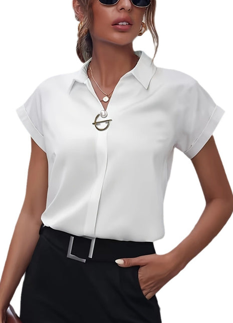 Elegant Pearl V-Neck Short Sleeve Women's Polyester Blouse Commuter Shirt Top