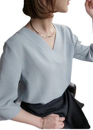Chic Korean Style V-Neck Shiffon Blouse - Loose Fit Short Sleeve Mid-Length Top