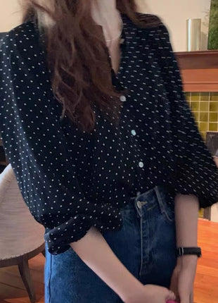 Chic Polka Dot Chiffon Blouse, Loose Fit Lantern Sleeve Long Shirt