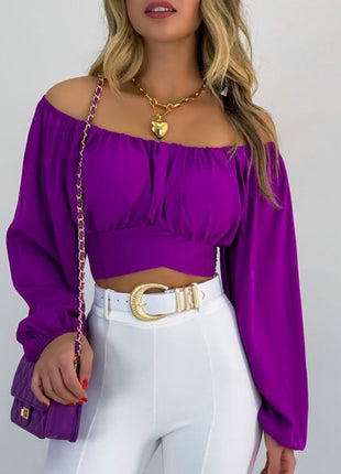Chic Women's Puff Sleeve Off Shoulder Crop Top Blouse Tie-Front
