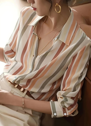 Women's Retro Striped Long-Sleeve Button-Up Shirt - Loose Fit Summer Cardigan Top