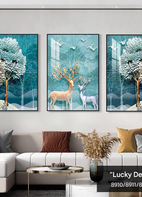 Modern minimalist living room decorative painting , canvas painting with border  With Frame SET OF 3 LUCKY DEER