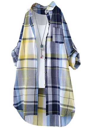 Women's Retro Plaid Long Sleeve Loose Cardigan Shirt with Pockets