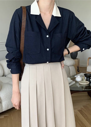 Chic French Retro Color Block Lapel Oversized Casual Women's Shirt Top