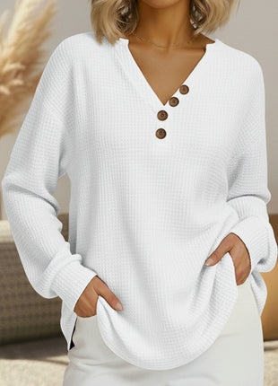 Women's Demi-Season Waffle Knit V-Neck Button Long-Sleeve Leisure Sweatshirt Top
