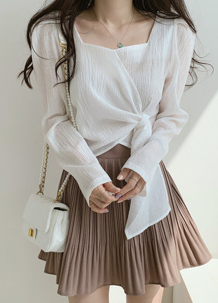 Elegant Square Neck Long Sleeve Blouse with Belt – Chic Autumn Top