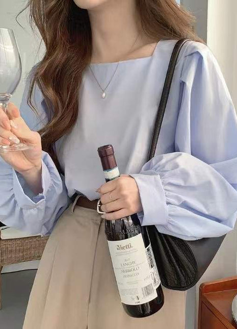 Retro Sexy French Style Square Neck Long-Sleeve Puff Sleeve Loose Fit Shirt