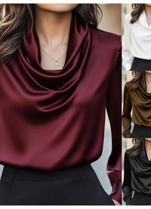 Fashionable Elegant Solid Drape Neck Long Sleeve Shirt for Women