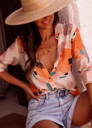 Stylish Women's Summer Printed Short Sleeve Lapel Casual Blouse Shirt