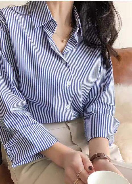 Chic Blue Striped Long-Sleeve Women's Polyester Office Commuter Shirt