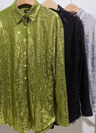 Dazzling Sequin Oversize Mid-Length Shirt - European Style Long Sleeve Top