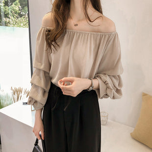 Korean Style Off-Shoulder Chiffon Long-Sleeve Shirt Loose Fit Elegant Top