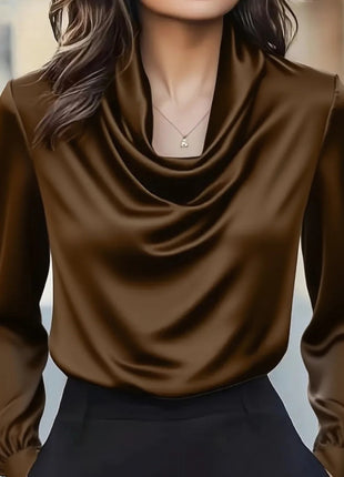 Fashionable Elegant Solid Drape Neck Long Sleeve Shirt for Women