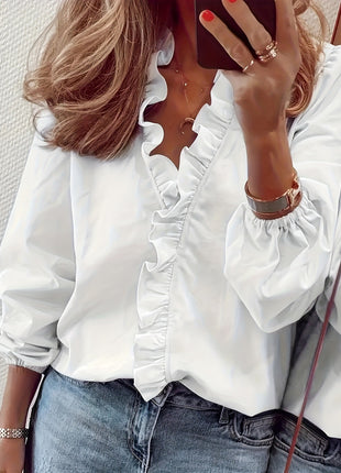 Chic Ruffle Neck Polyester Blouse - Loose Fit Long Sleeve Women's Shirt