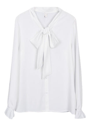 Chic Retro Bow Tie Long Sleeve Blouse - Korean Style Loose Fit Polyester Shirt