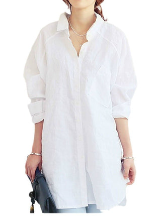 Oversize Cotton Linen Long Shirt Dress with Polo Collar & Pockets