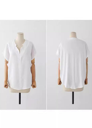 Chic Loose Fit Chiffon Short Sleeve T-Shirt Women's Stand-Up Collar Top