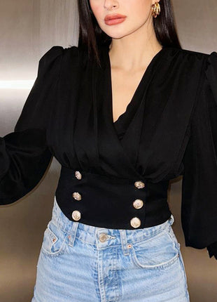 Chic European V-Neck Crop Top Blouse with Puff Long Sleeves & Waist Detail