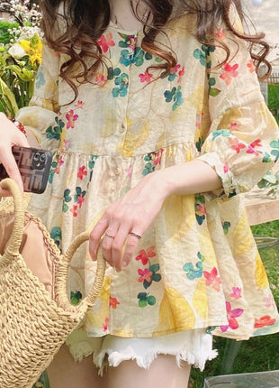 Chic Floral Print Loose Korean Style Women's Blouse - Sweet Puff Sleeve Top