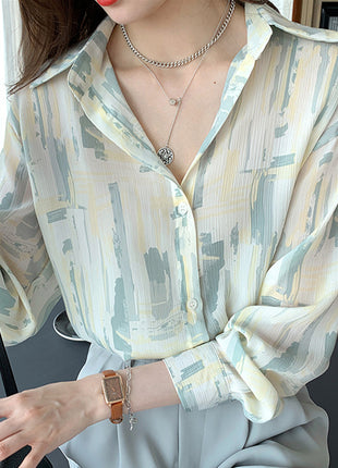 Chic French Style Sheer Collared Long Sleeve Blouse for Women