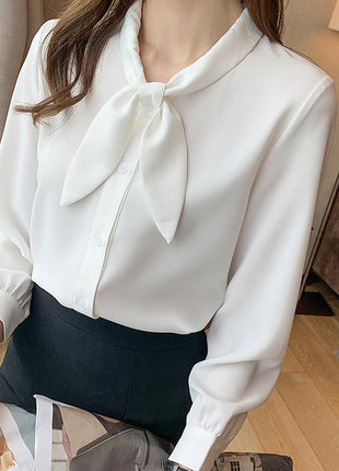 Chic Chiffon Long-Sleeve Blouse with Elegant Bow Tie & Doll Collar