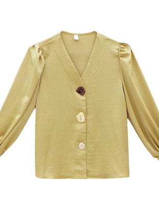 Chic Autumn Retro V-Neck Polyester Lantern Sleeve Loose Blouse Shirt