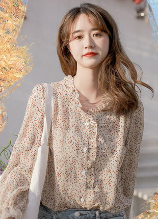 Chic Floral Chiffon Long-Sleeve Blouse - Elegant Autumn City Style Shirt
