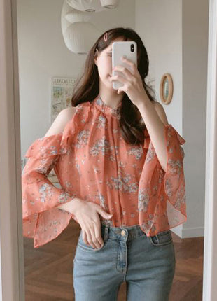 Women's Floral Chiffon Off-Shoulder Blouse with Elegant Bell Sleeves