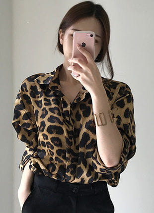 Chic Korean Retro Leopard Print Oversized Long-Sleeve Shirt - Autumn Leisure Style