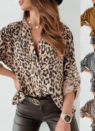 Chic Women's Leopard Print Long Sleeve Cardigan Shirt Button-Up Blouse