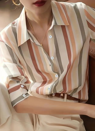 Women's Retro Striped Long-Sleeve Button-Up Shirt - Loose Fit Summer Cardigan Top