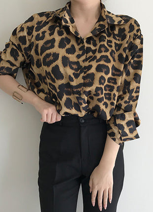 Chic Korean Retro Leopard Print Oversized Long-Sleeve Shirt - Autumn Leisure Style