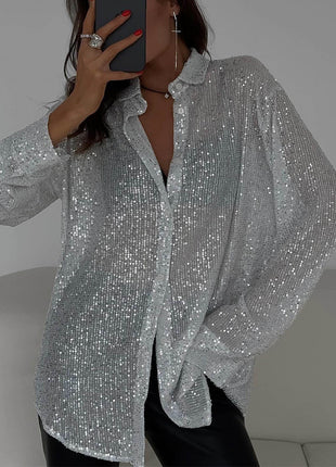 Elegant Sequin Long Sleeve Lapel Blouse Top for Women European Fashion