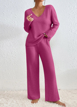 Women's Oversize V-Neck Ribbed Brushed Long-Sleeve Leisure Set for Fall Winter