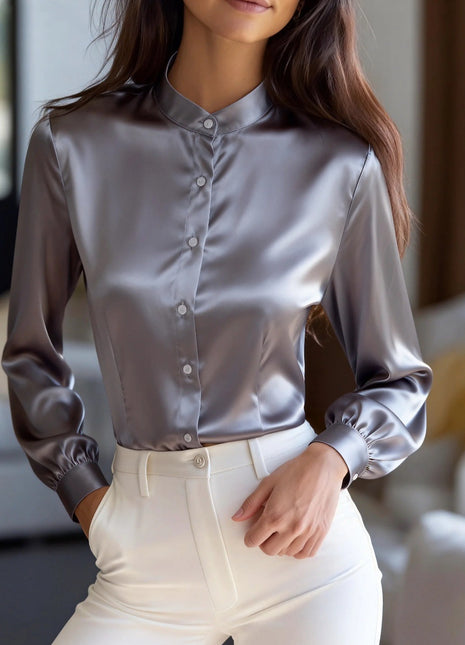 Elegant Women's Solid Color Stand-up Collar Long Sleeve Button-Up Commuter Shirt