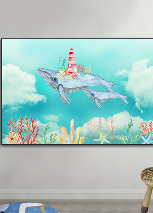 2D Flat, 1pc Large Modern Minimalist Whale Wall Art - Ocean Painting with Whale,  Framed Canvas Print in Sky Blue, for Living Room, Bedroom, Office Decor - Easy Hang Marine Life Poster Sea Decor, Home Decoration