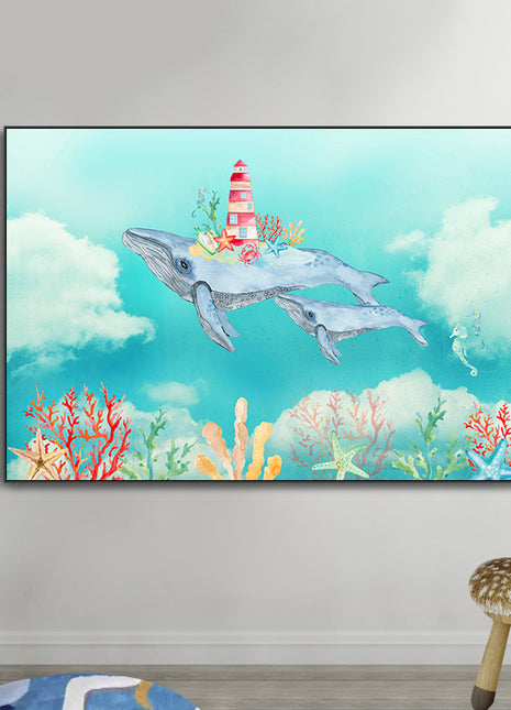 2D Flat, 1pc Large Modern Minimalist Whale Wall Art - Ocean Painting with Whale,  Framed Canvas Print in Sky Blue, for Living Room, Bedroom, Office Decor - Easy Hang Marine Life Poster Sea Decor, Home Decoration