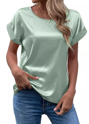 Chic Ladies Satin Round Neck Short Sleeve T-Shirt Blouse Straight Fit Solid Color